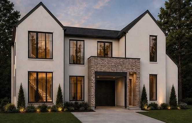 Front elevation of a two-story stucco custom residence at dusk, Dallas, Texas