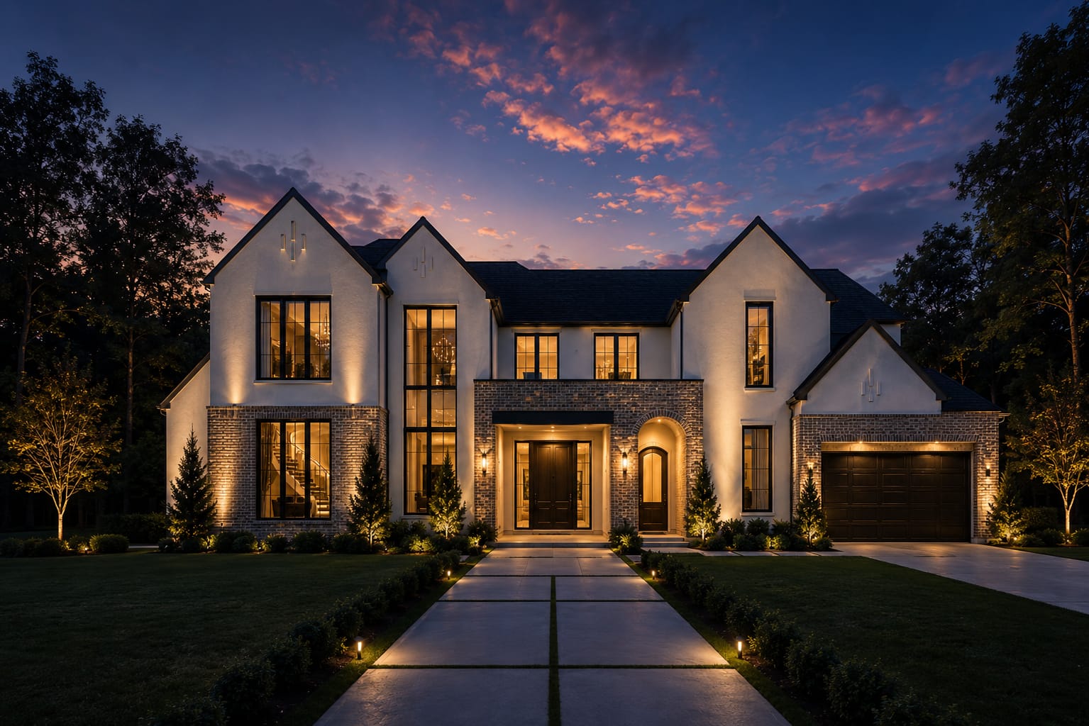 Transitional custom residence at twilight with brick and stucco elevation