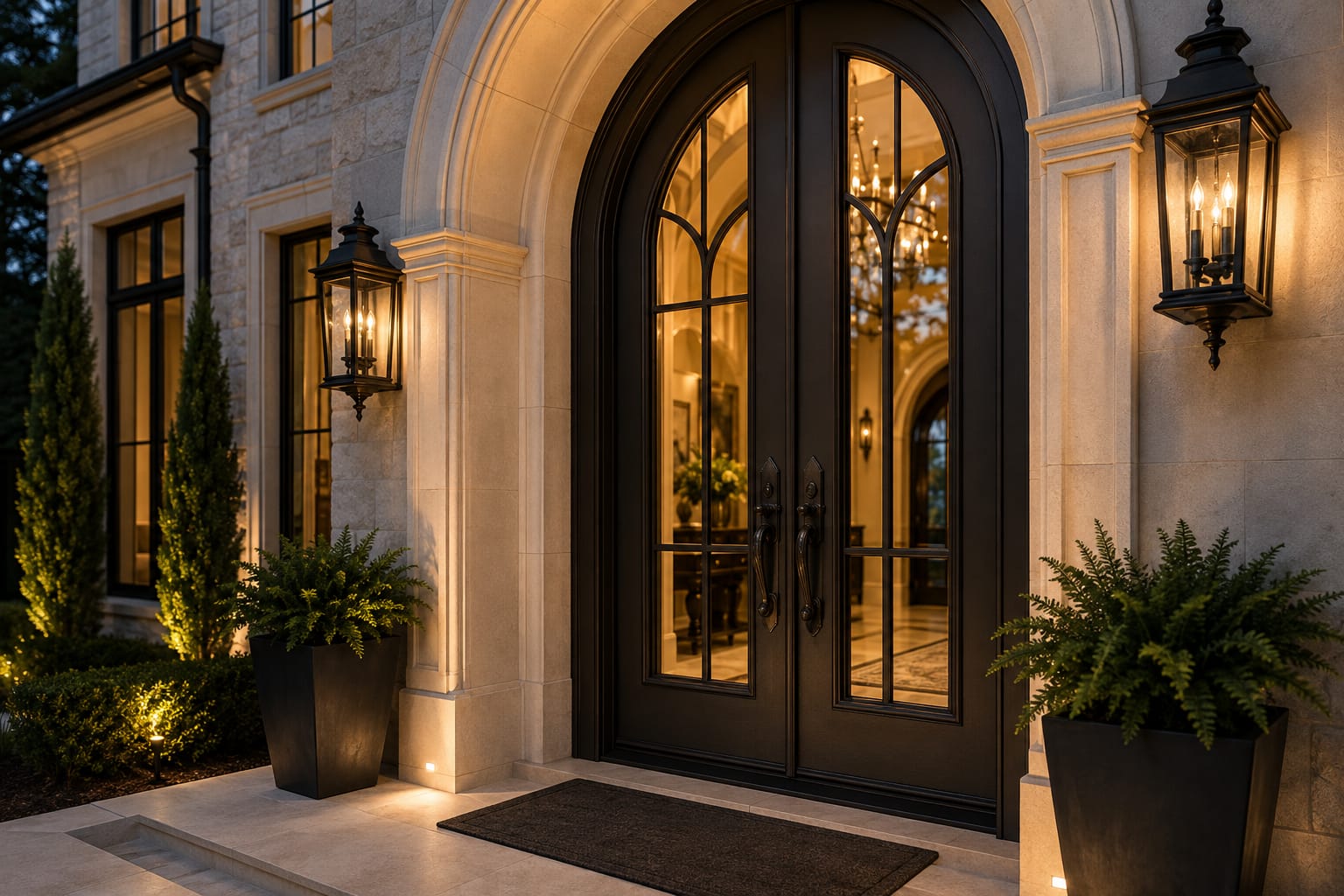Arched iron and glass entry doors framed in cast stone