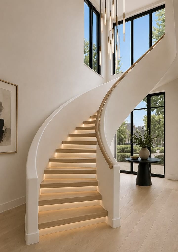 Curved staircase with white oak treads and integrated lighting in a double-height entry