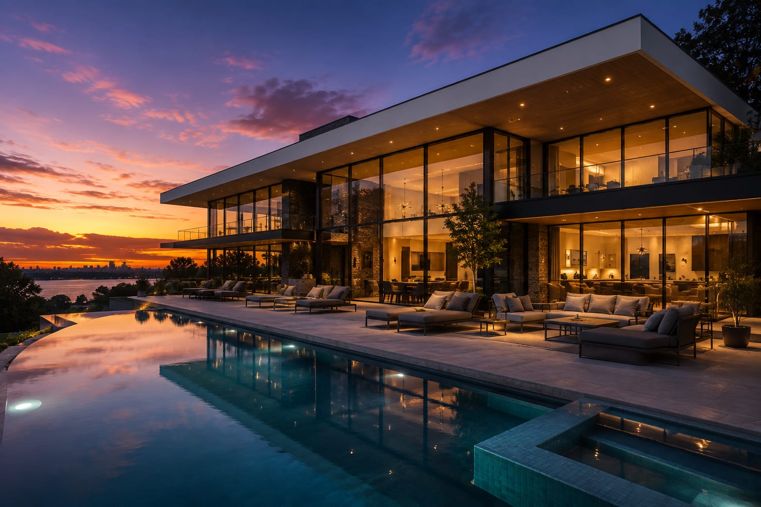 Modern residence with infinity-edge pool and terrace at dusk