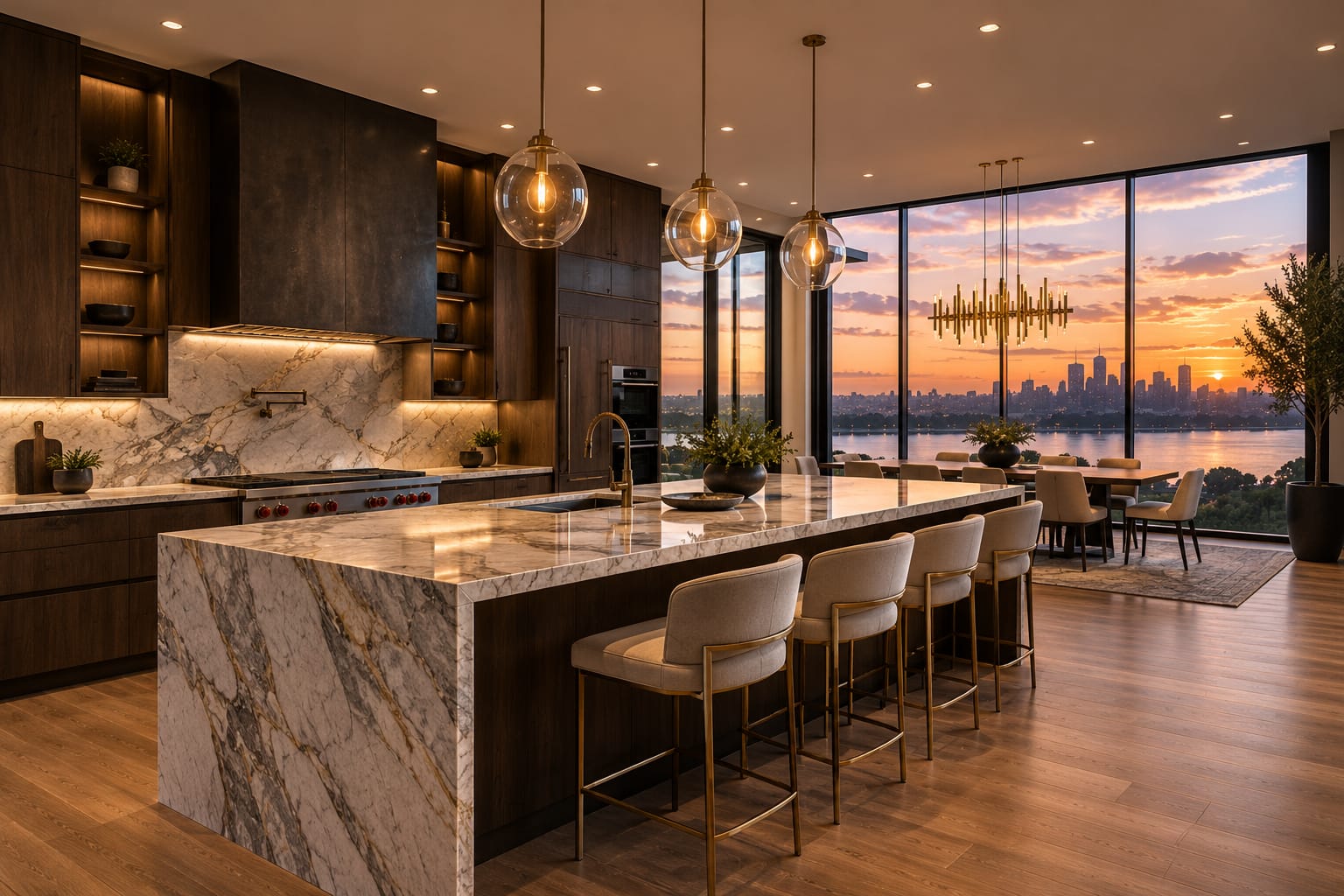 Custom kitchen with marble island and brass pendant lighting