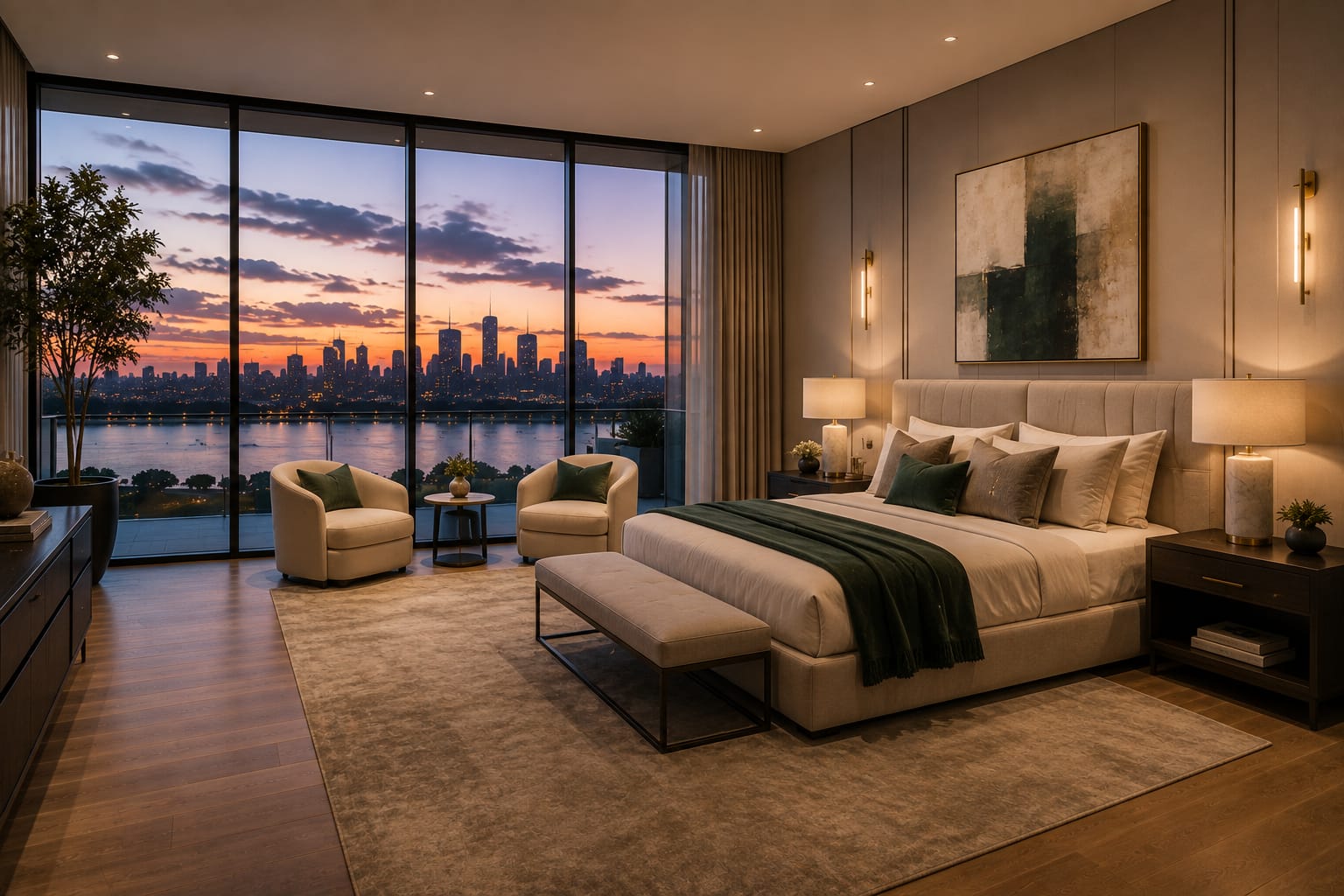 Primary suite with floor-to-ceiling windows at dusk