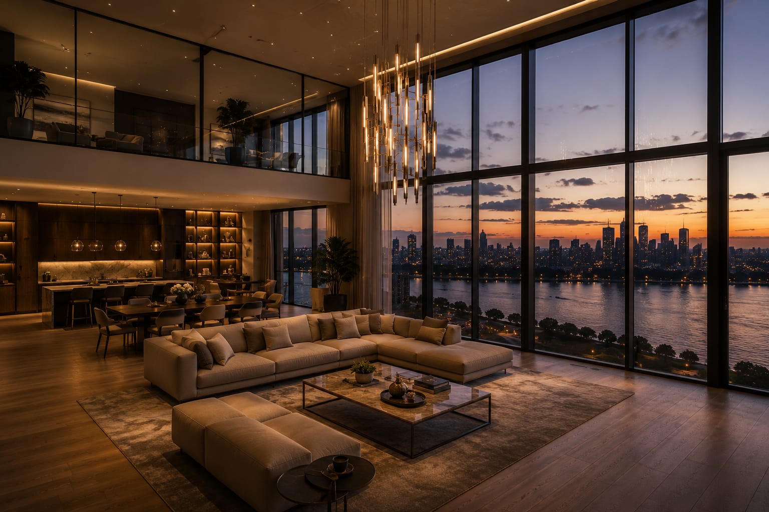 Double-height great room with glass wall and chandelier