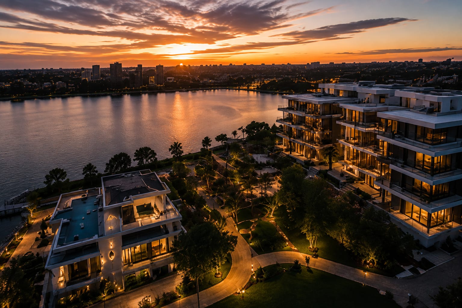 Waterfront residential community at sunset